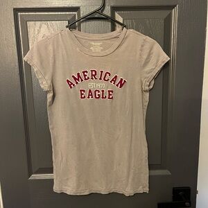 American Eagle Outfitters Women's Taupe Tee with Red Logo
